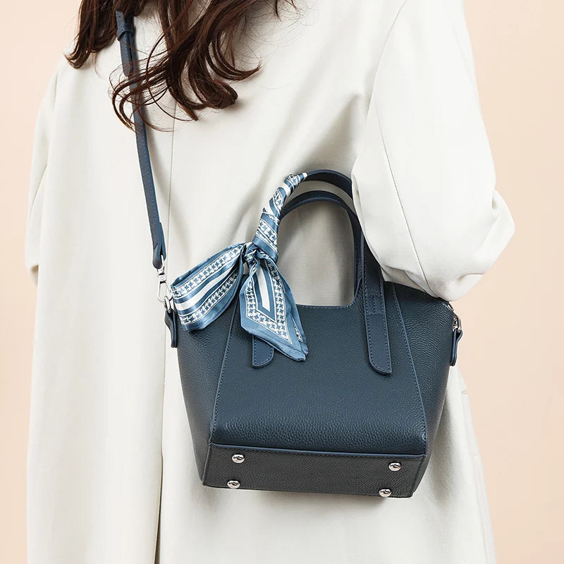 Women's Vegan Leather Tote Handbag – Silk Scarf Detail | 4 Colors