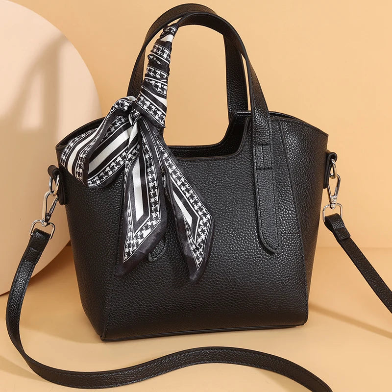 Women's Vegan Leather Tote Handbag – Silk Scarf Detail | 4 Colors