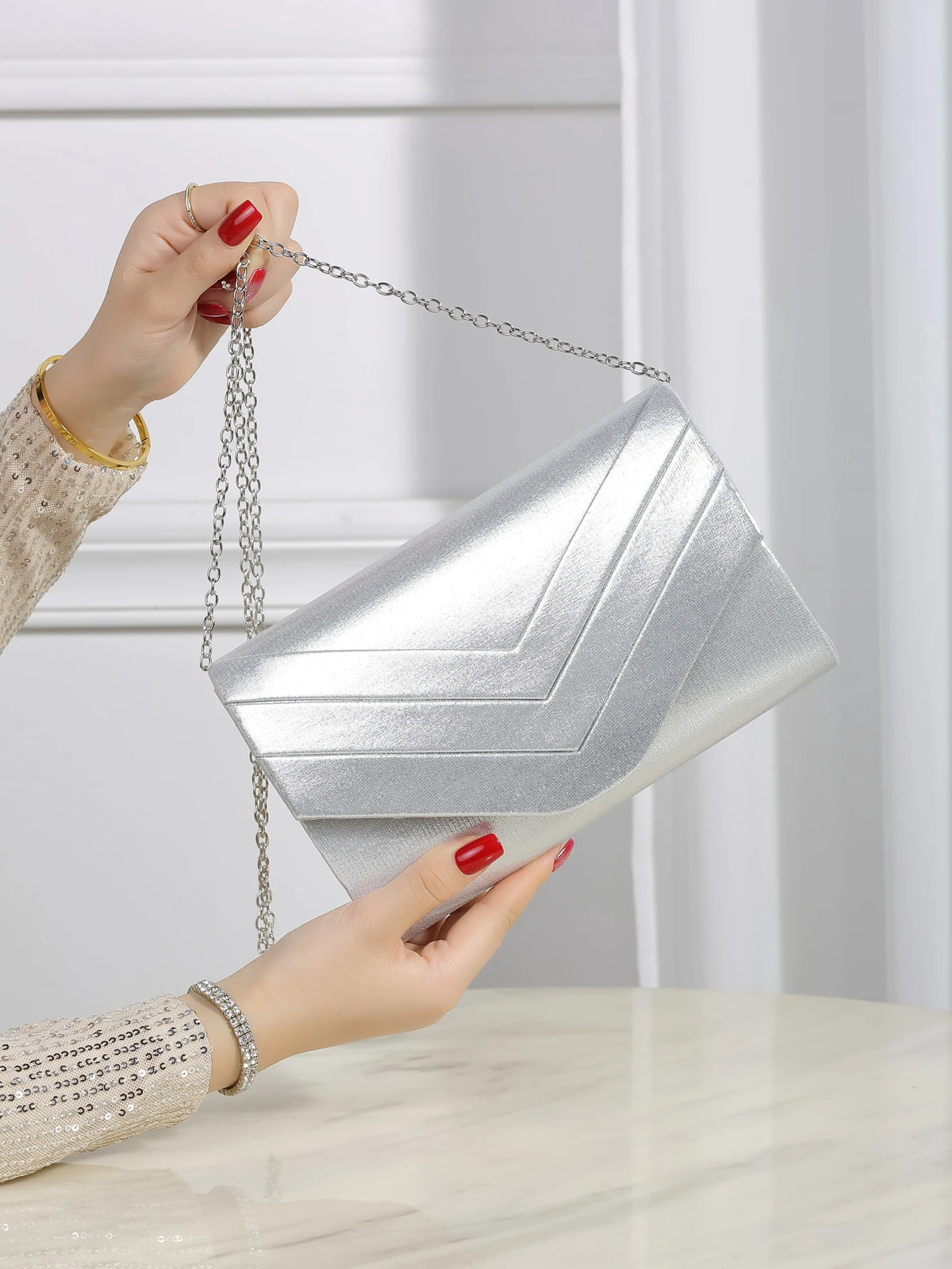 Women's Evening Clutch – Metal Trim & Chain | Square Design