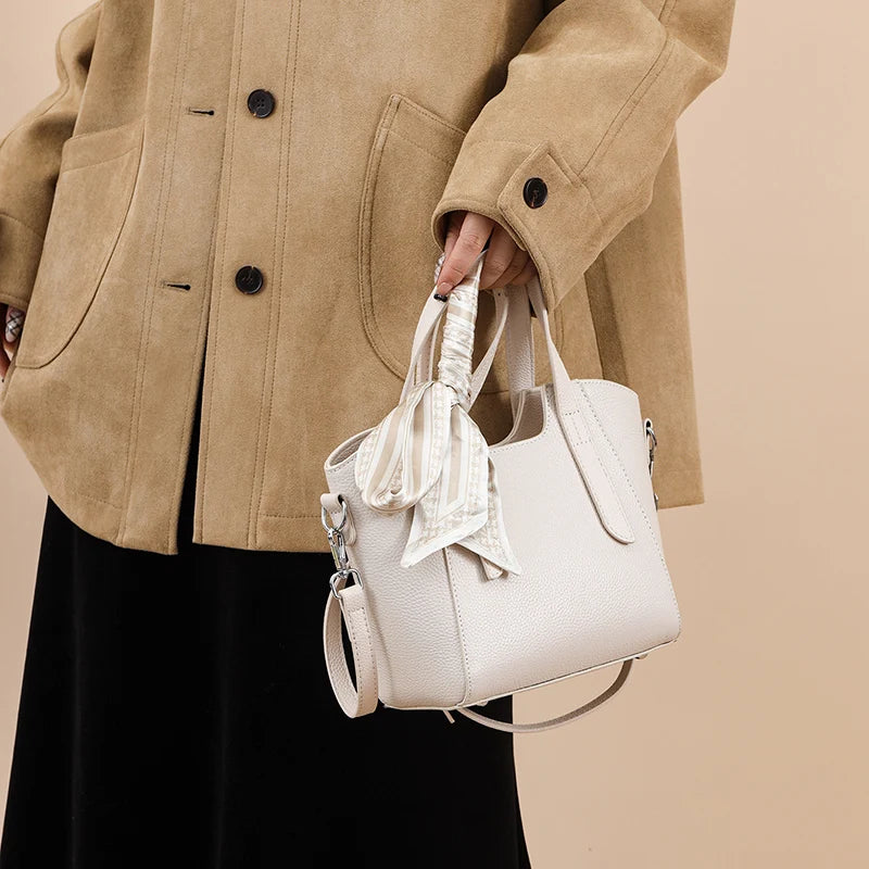 Women's Vegan Leather Tote Handbag – Silk Scarf Detail | 4 Colors