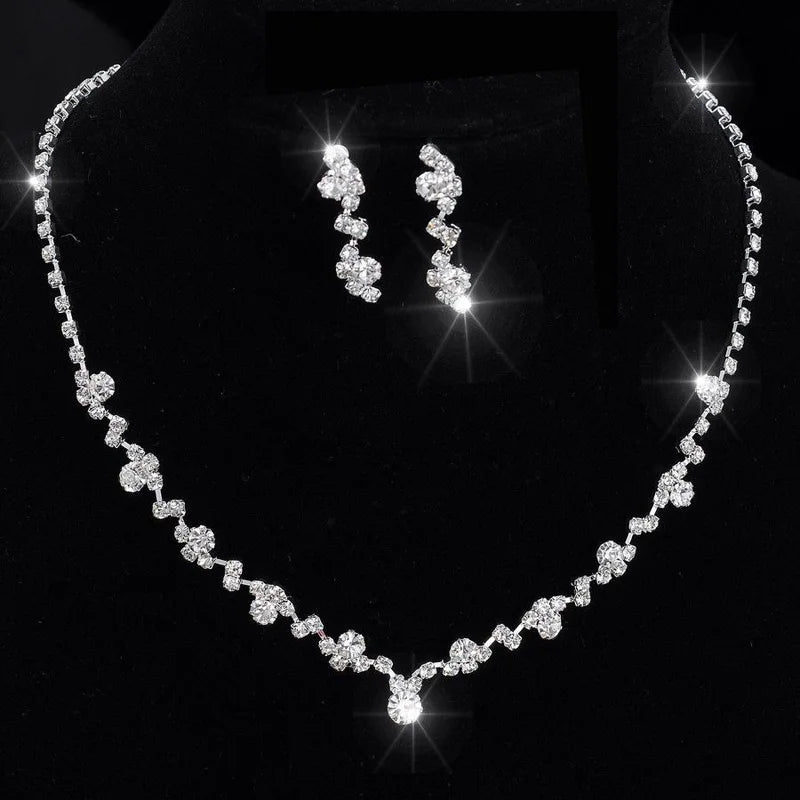 Rhinestone Necklace & Earrings Set – Geometric Zinc Alloy | Women's Bridal & Wedding Jewelry