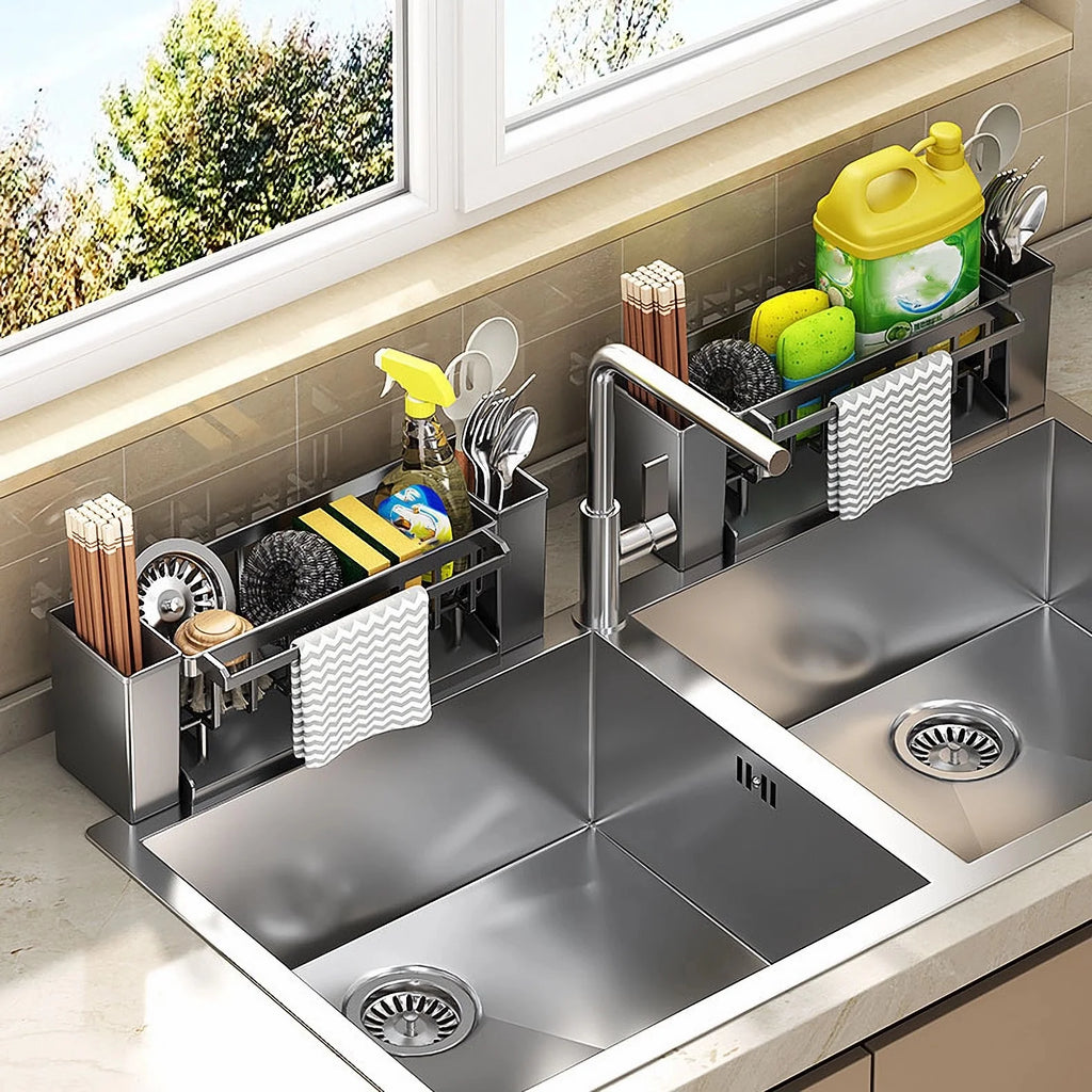 Kitchen Sink Organizer – Sponge, Brush & Rag Drain Rack for Sink & Bathroom