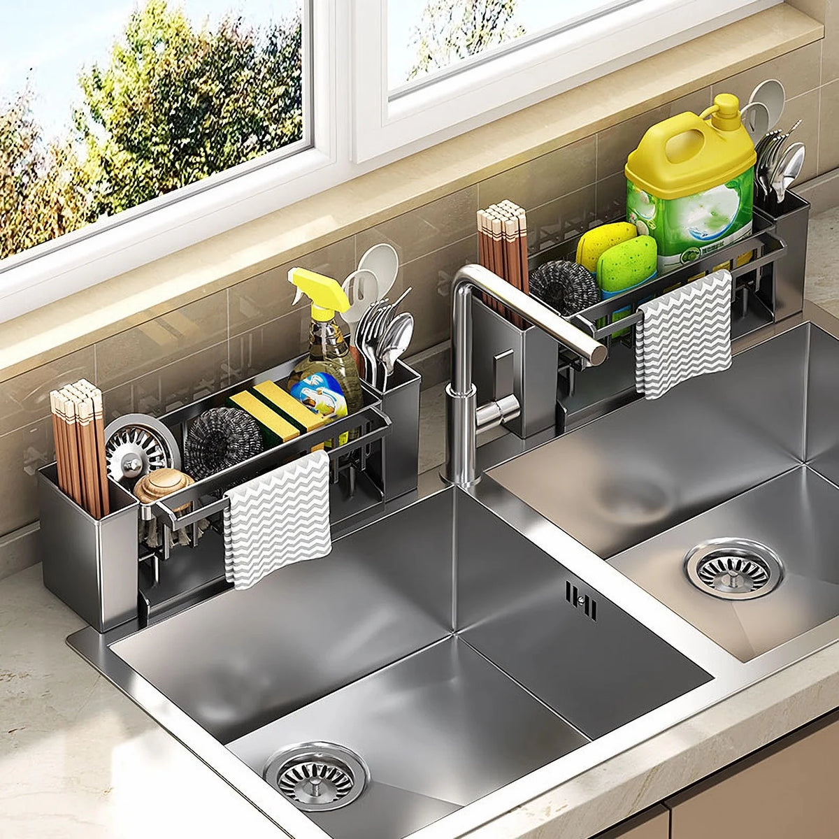 Kitchen Sink Organizer – Sponge, Brush & Rag Drain Rack for Sink & Bathroom