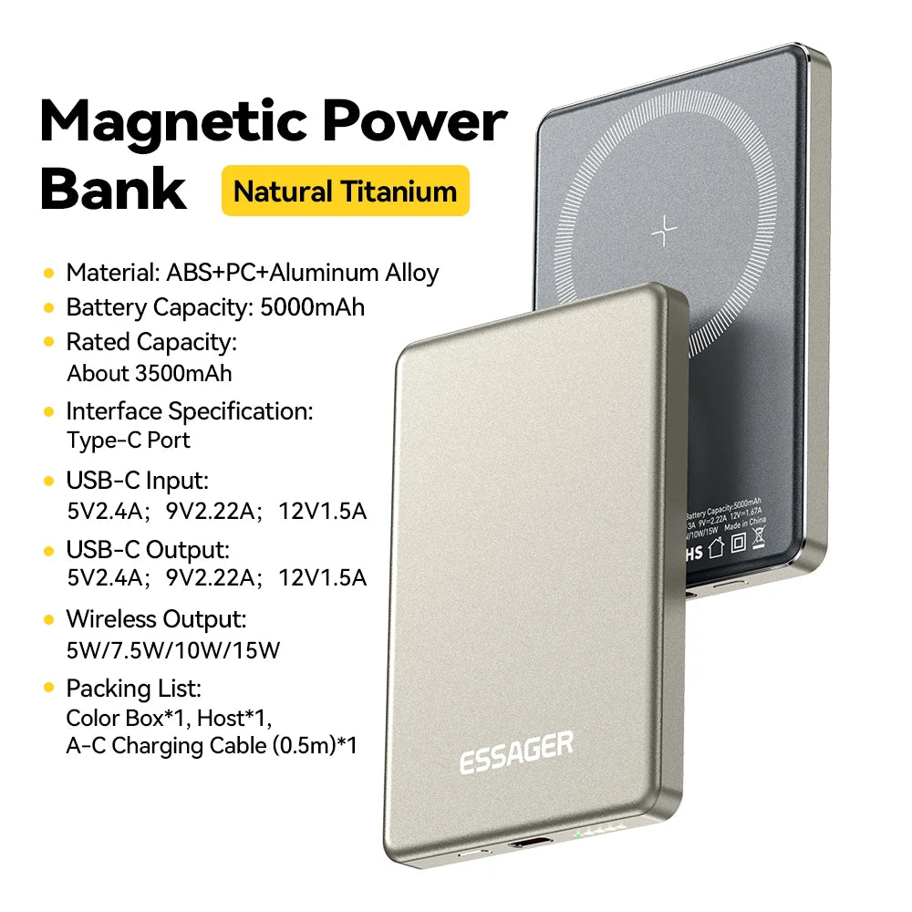 Essager 5000mAh Magnetic Wireless Power Bank – 20W, Ultra-Slim Metal, MagSafe, iPhone 14-17