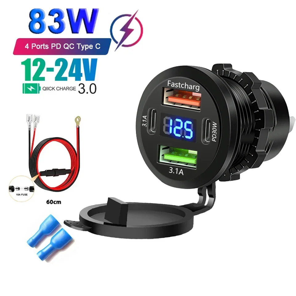 Car USB Charger Socket – PD3.0 & QC3.0, 3/4 Ports, Voltmeter, On/Off Switch, 12/24V