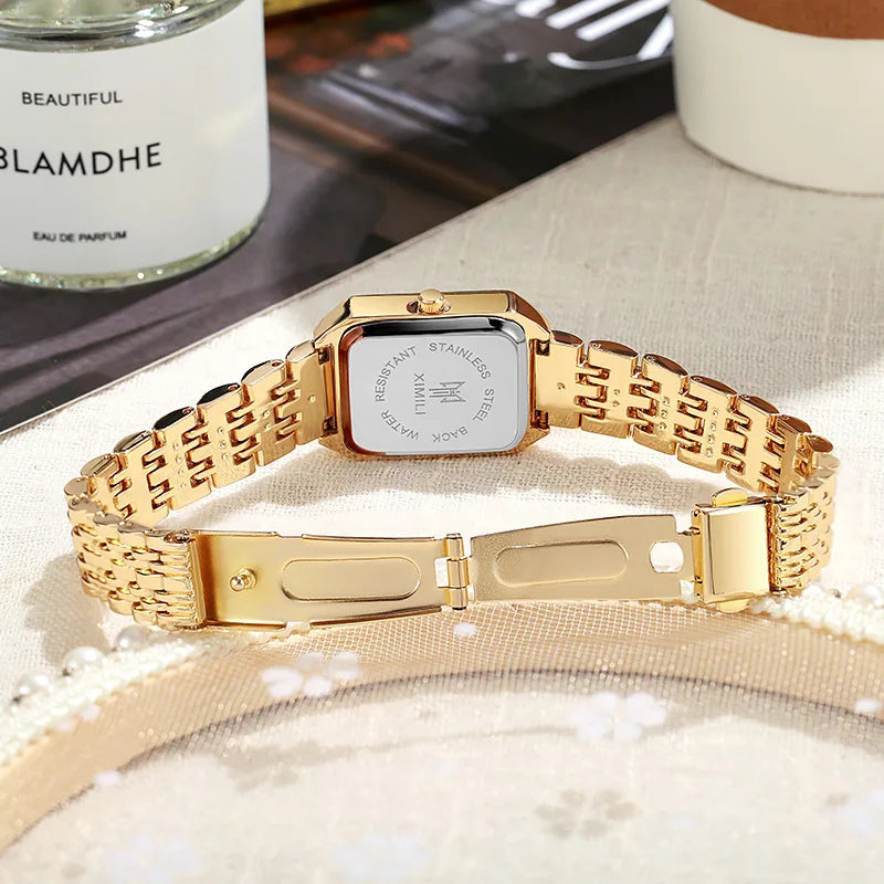 Women's Rectangle Quartz Watch – Alloy Band, Numberless Dial | Silver & Gold Tones
