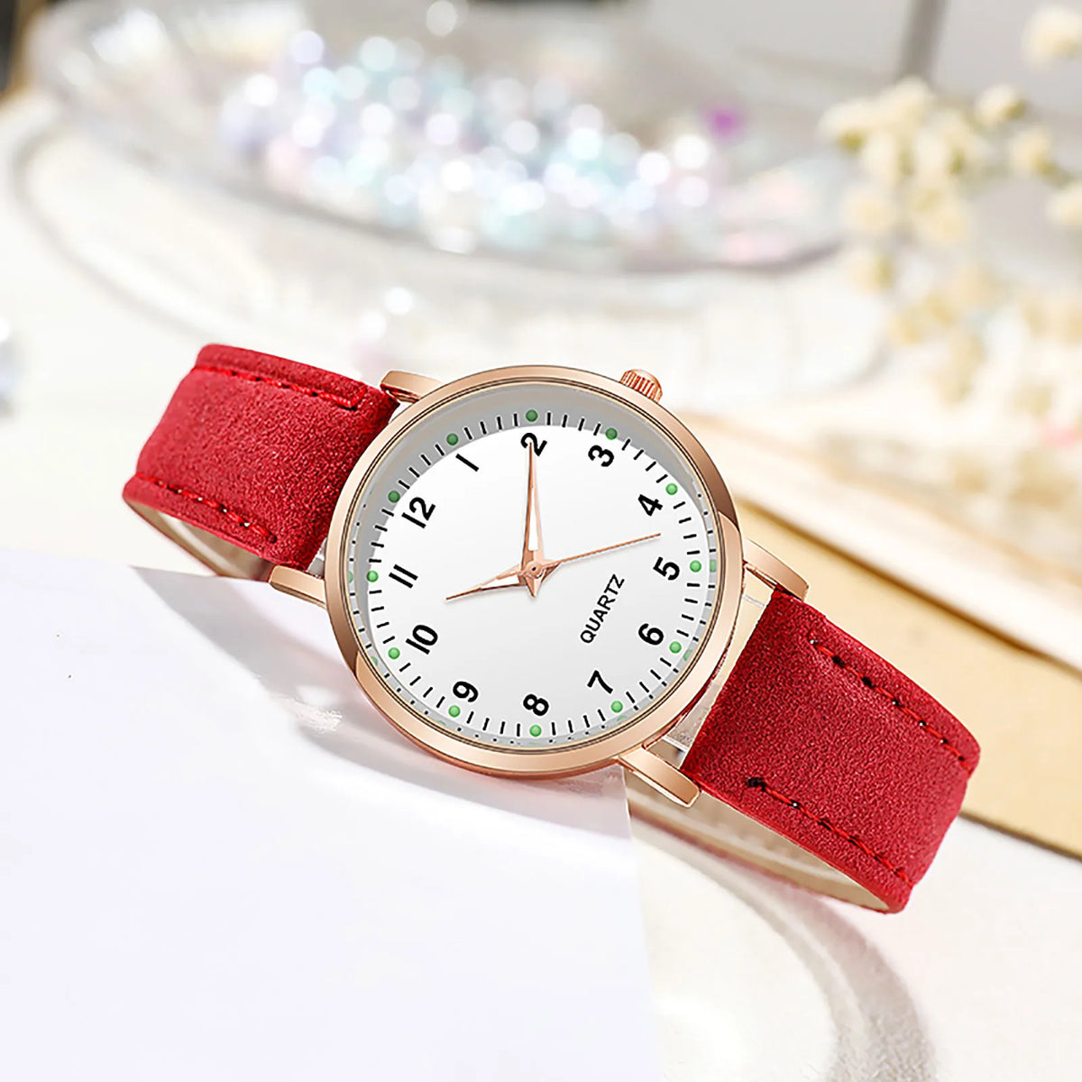 Women's Diamond-Studded Luminous Quartz Watch – Leather Band, Round Dial