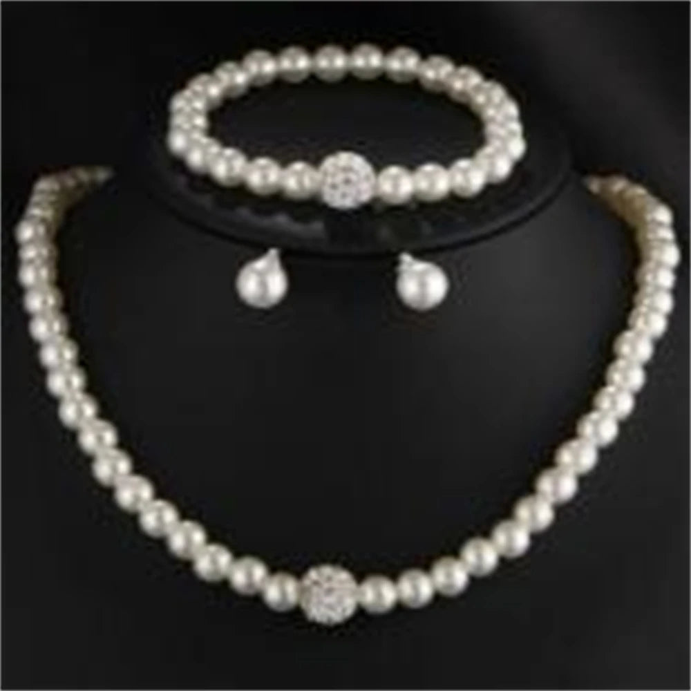 Pearl & Crystal Jewelry Set – Necklace, Bracelet & Earrings | Women's Wedding & Gift Accessories
