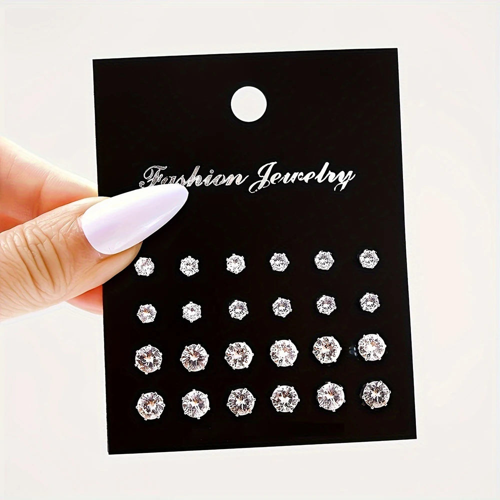 Cubic Zirconia Stud Earrings Set – 12, 24 or 36 Pairs | Shiny Silver Crystal Ear Jewelry for Women