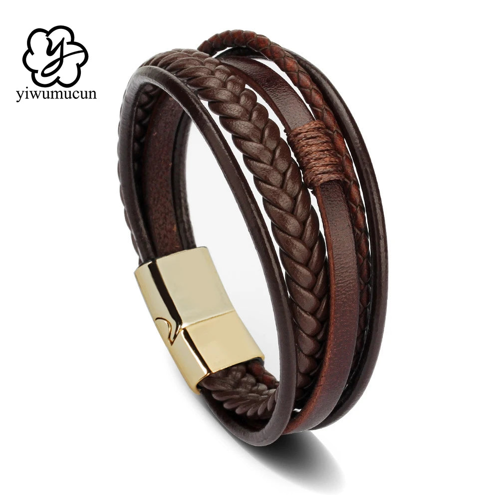 Men's Stainless Steel Leather Bracelet — Braided