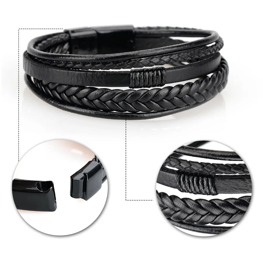 Men's Stainless Steel Leather Bracelet — Braided