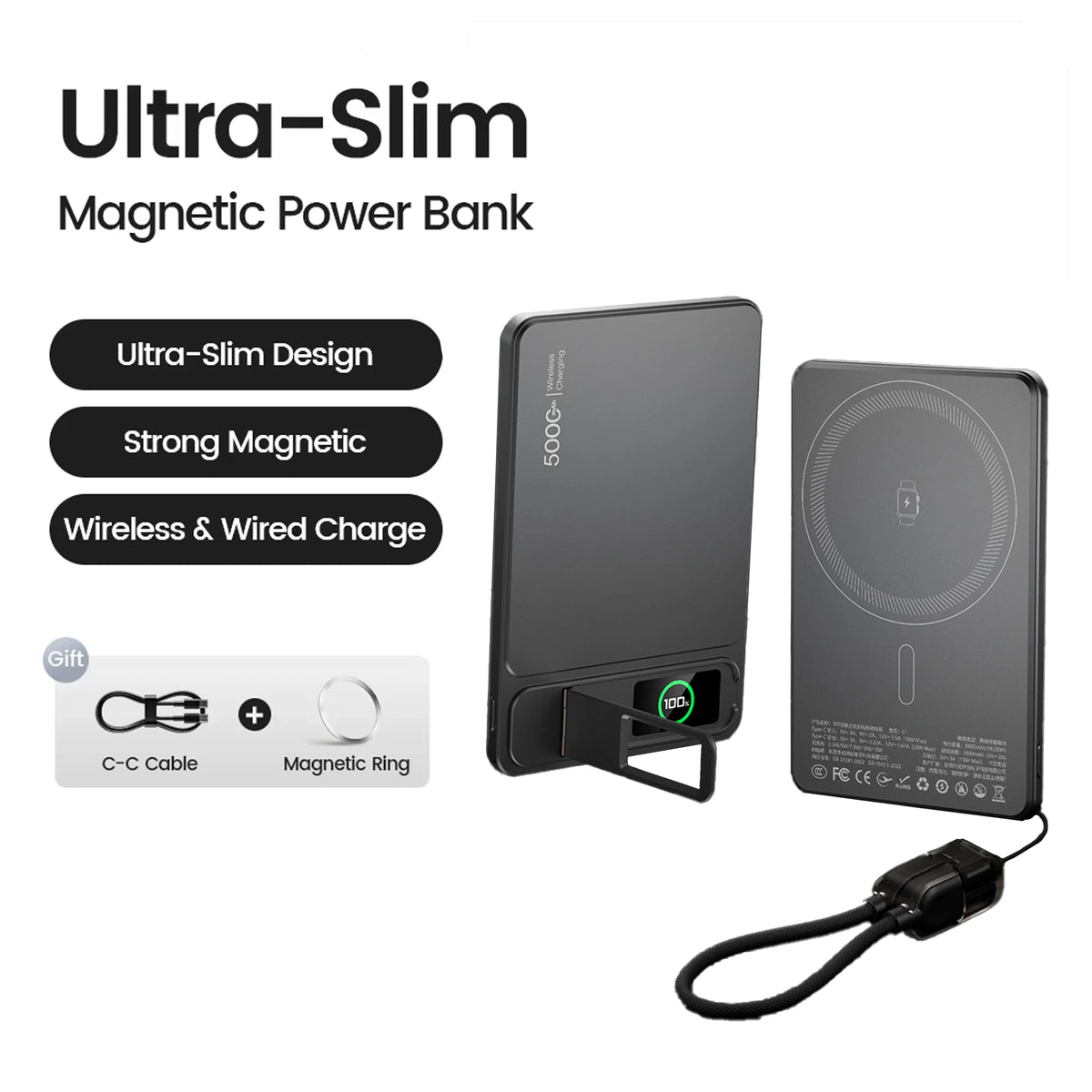 Magnetic Wireless Power Bank – MagSafe, 15W, 5000/10000mAh, PD 20W, Metal, for iPhone & Apple Watch