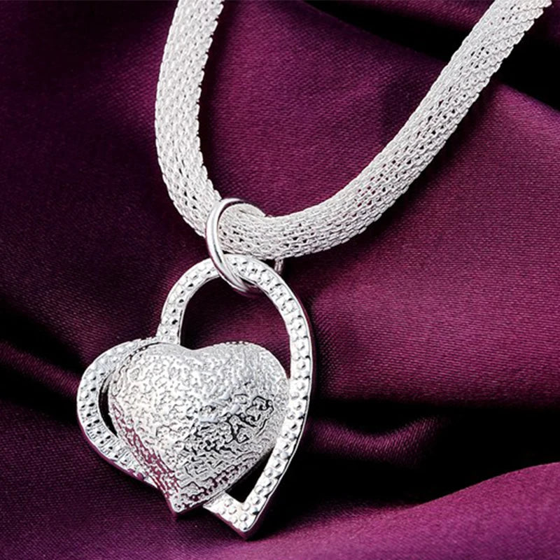 Double Heart Pendant Necklace – 925 Sterling Silver, Rose Gold Plated, 45cm