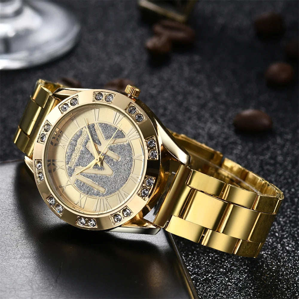 Women's Diamond Quartz Watch – Stainless Steel Bracelet, Round Dial | Gold, Silver, Rose Gold
