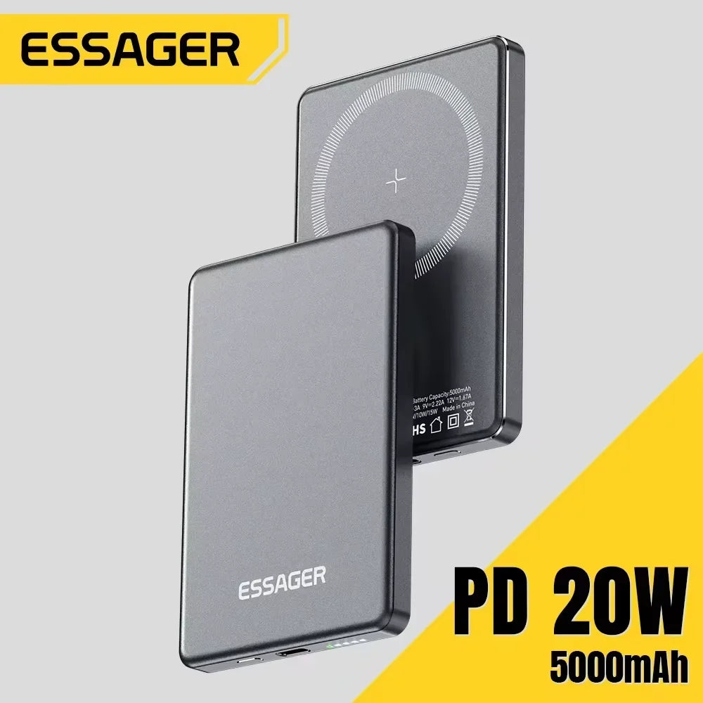 Essager 5000mAh Magnetic Wireless Power Bank – 20W, Ultra-Slim Metal, MagSafe, iPhone 14-17