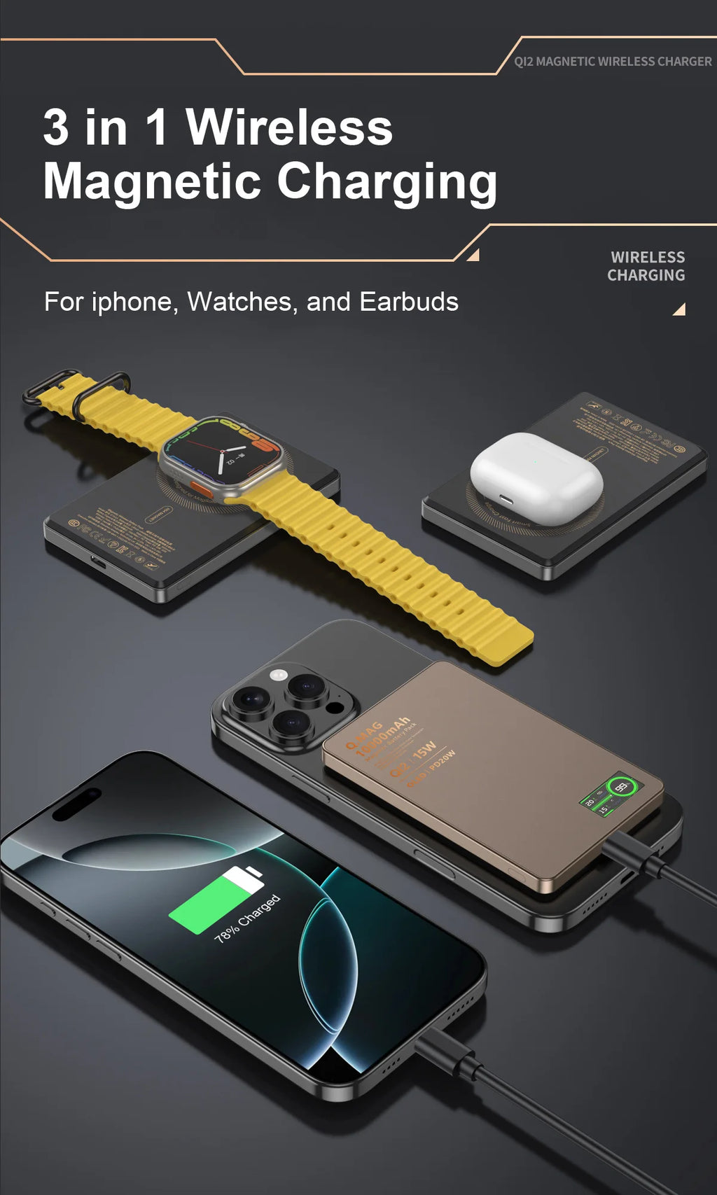 3-in-1 Magnetic Power Bank – Qi2.1, 15W Wireless, LCD Screen, 5000/10000mAh, for iPhone & Apple Watch