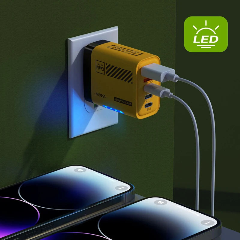 240W GaN Desktop Charger – 5 Ports (3x USB-A + 2x USB-C), LED Light, US/EU Plug