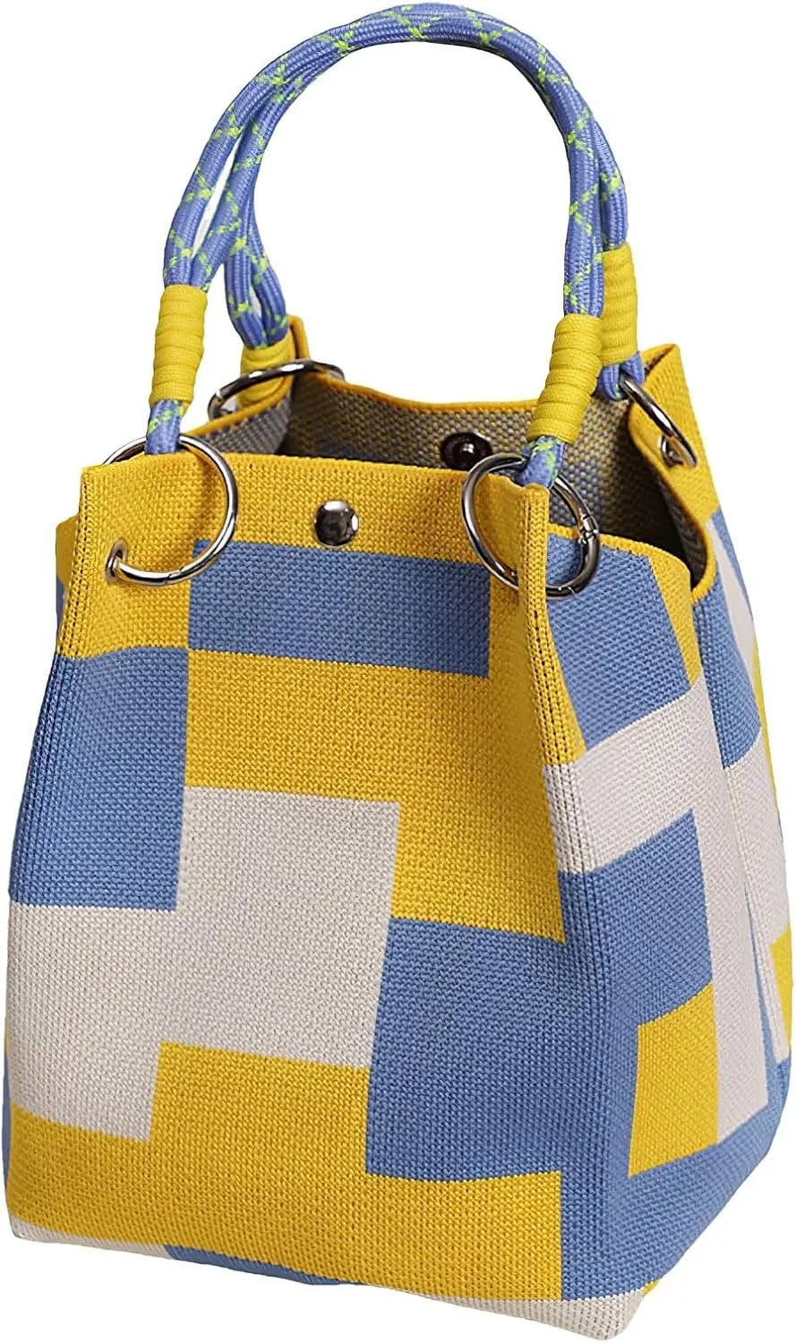 Women's Mini Knitted Bucket Bag – Boho Colorblock Wristlet Purse