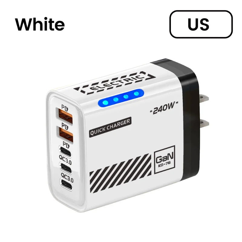 240W GaN Desktop Charger – 5 Ports (3x USB-A + 2x USB-C), LED Light, US/EU Plug