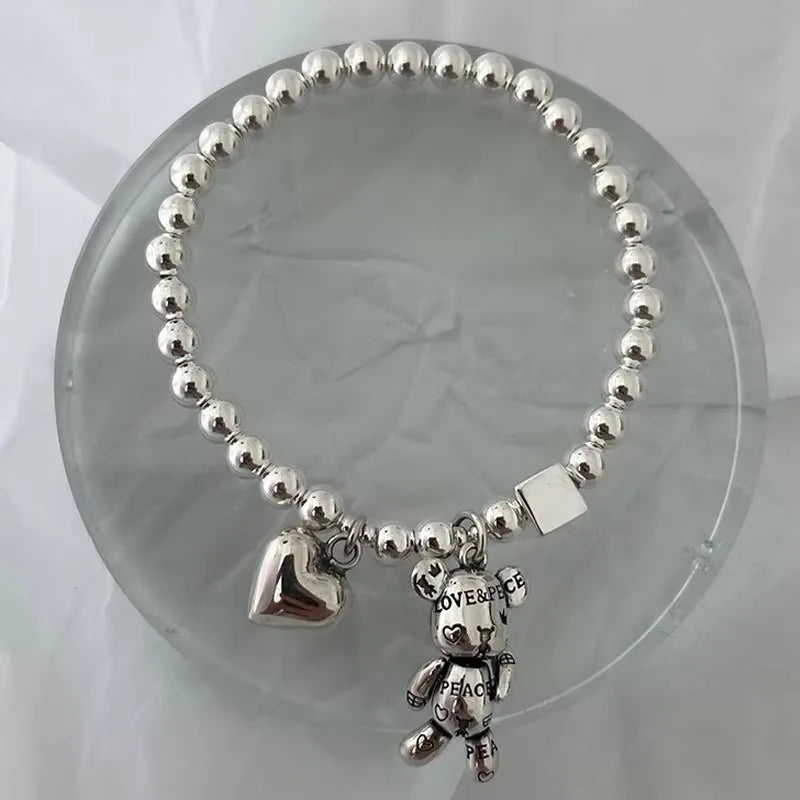 925 Sterling Silver Bear Pendant Bracelet – Zircon Beaded Cuff | Vintage Cute Party Jewelry for Women