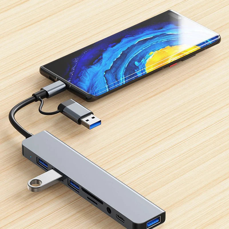 8-in-2 USB + USB-C Hub – SD Card Reader, 3.5mm Audio, USB 3.0 Docking Station