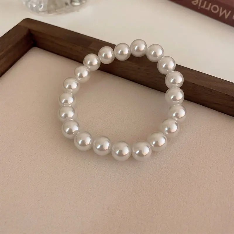White Faux Pearl Beaded Bracelet — Adjustable Elastic
