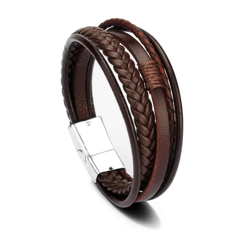 Men's Stainless Steel Leather Bracelet — Braided