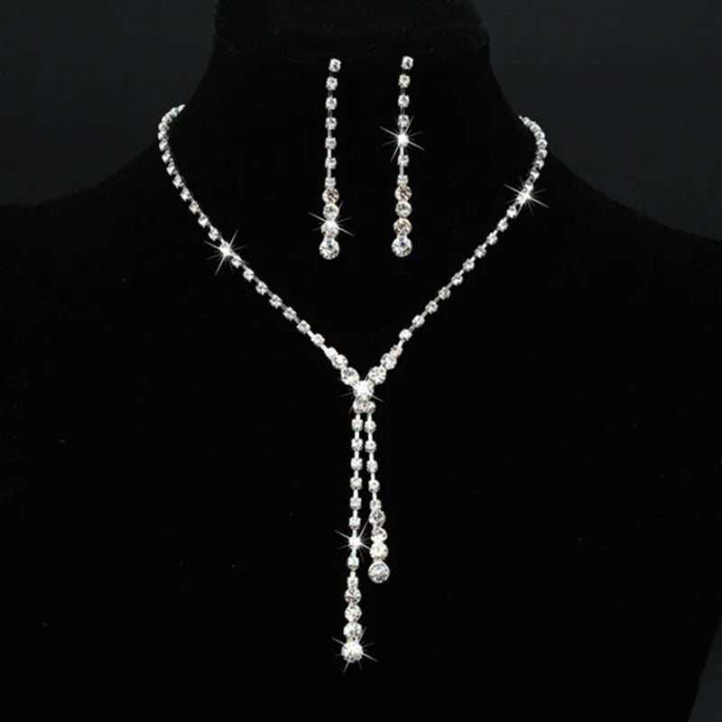 Rhinestone Necklace & Earrings Set – Geometric Zinc Alloy | Women's Bridal & Wedding Jewelry
