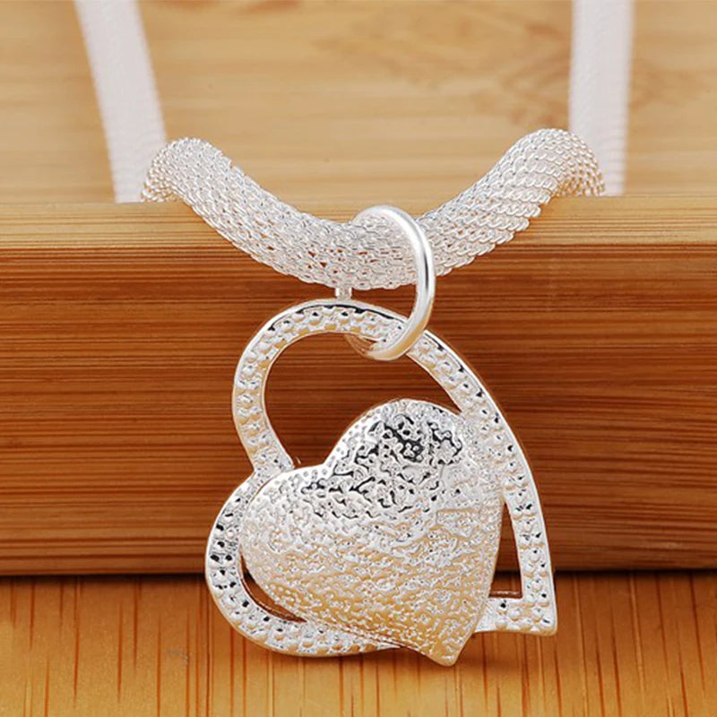 Double Heart Pendant Necklace – 925 Sterling Silver, Rose Gold Plated, 45cm