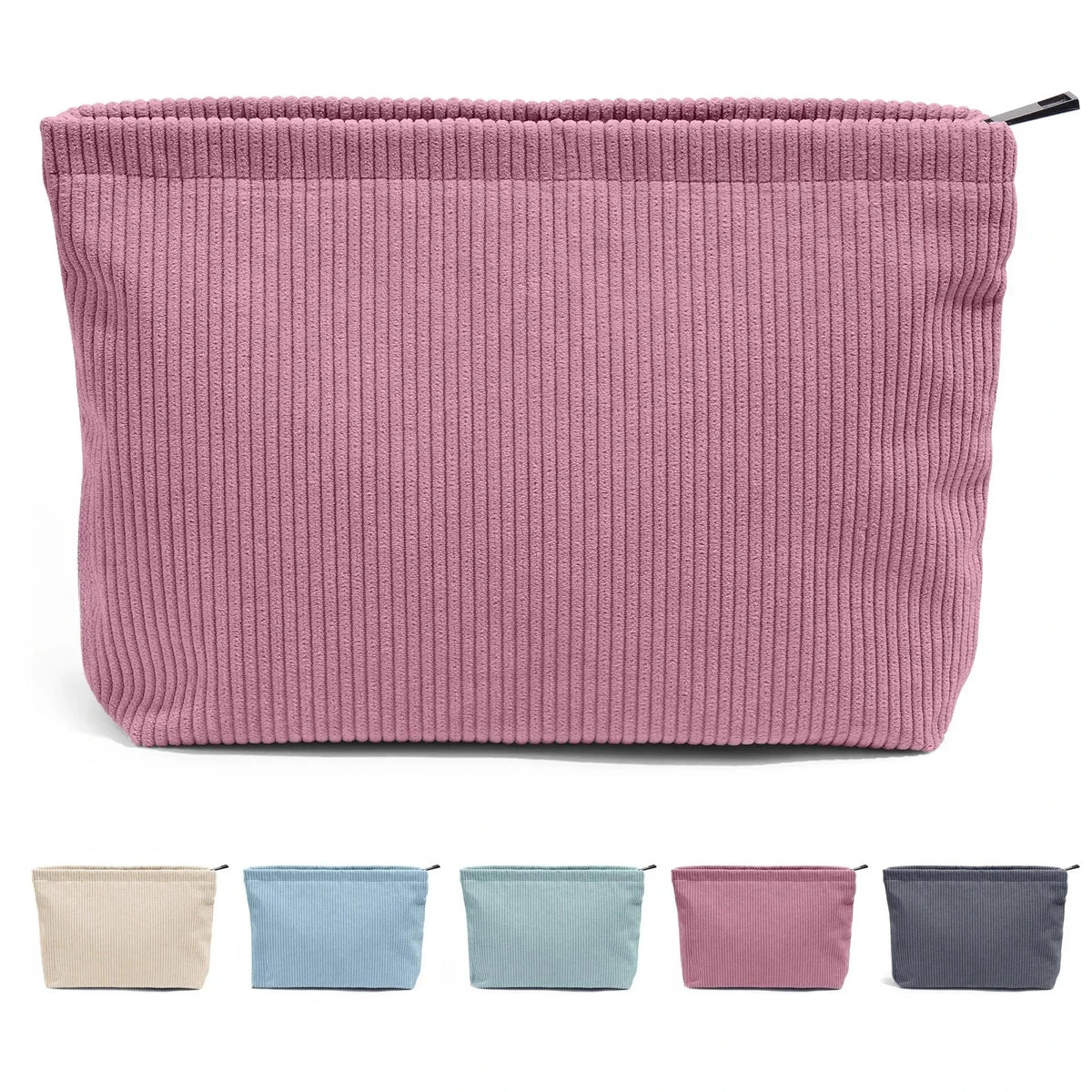 Corduroy Makeup Pouch – Large Zipper Cosmetic Bag & Brush Storage Clutch
