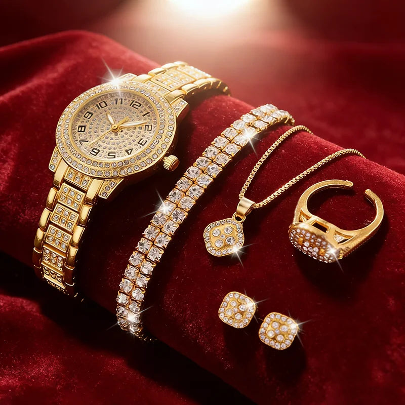 Women's Gold Diamond Watch & Jewelry Set – 5-Piece Gift Set | Watch, Bracelet, Necklace, Ring & Earrings