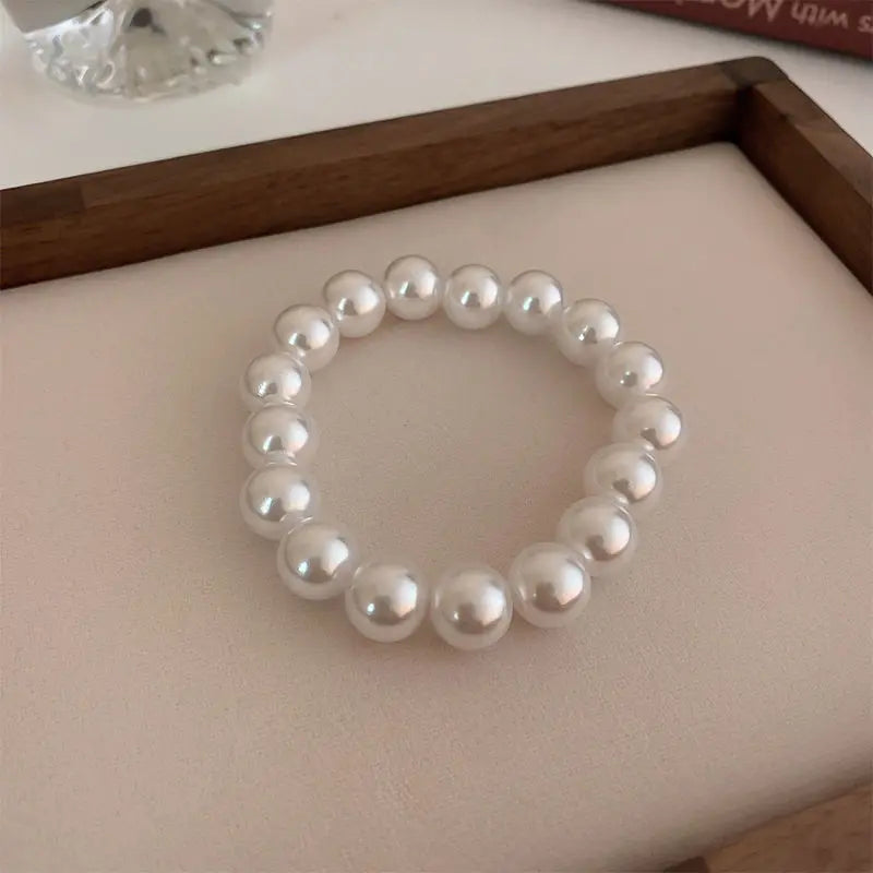White Faux Pearl Beaded Bracelet — Adjustable Elastic