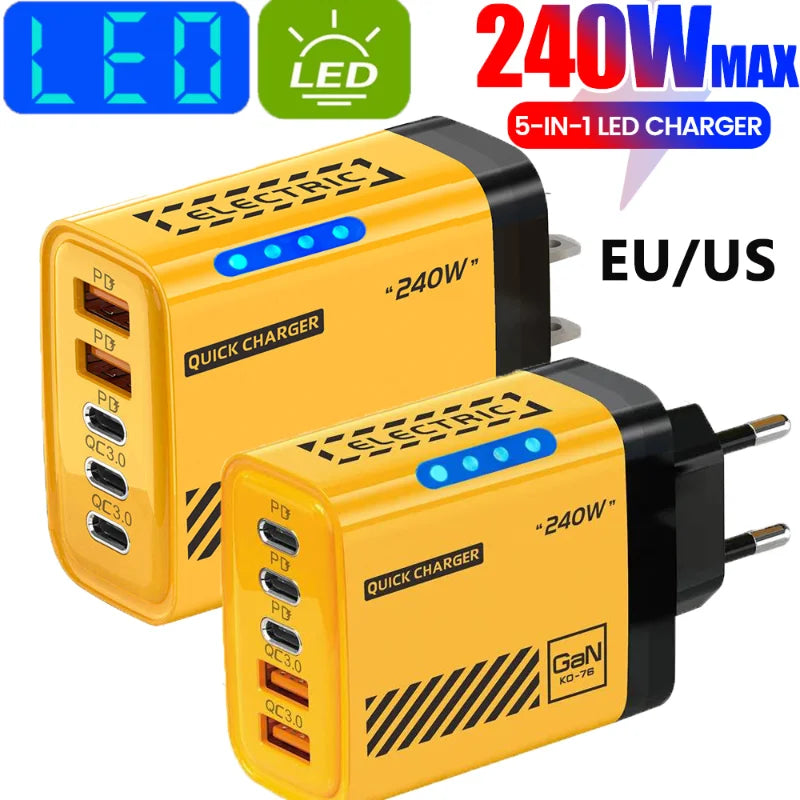 240W GaN Desktop Charger – 5 Ports (3x USB-A + 2x USB-C), LED Light, US/EU Plug