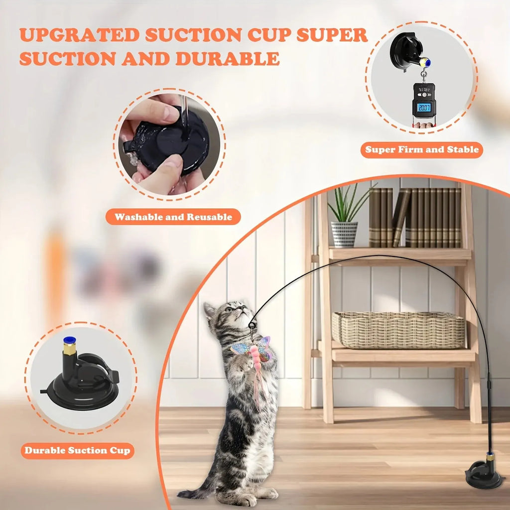 Cat Feather Wand Teaser – Interactive Bell & Feather Toy with Suction Cup Base
