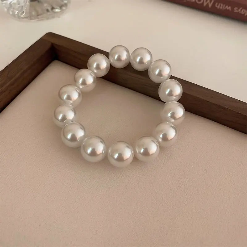 White Faux Pearl Beaded Bracelet — Adjustable Elastic