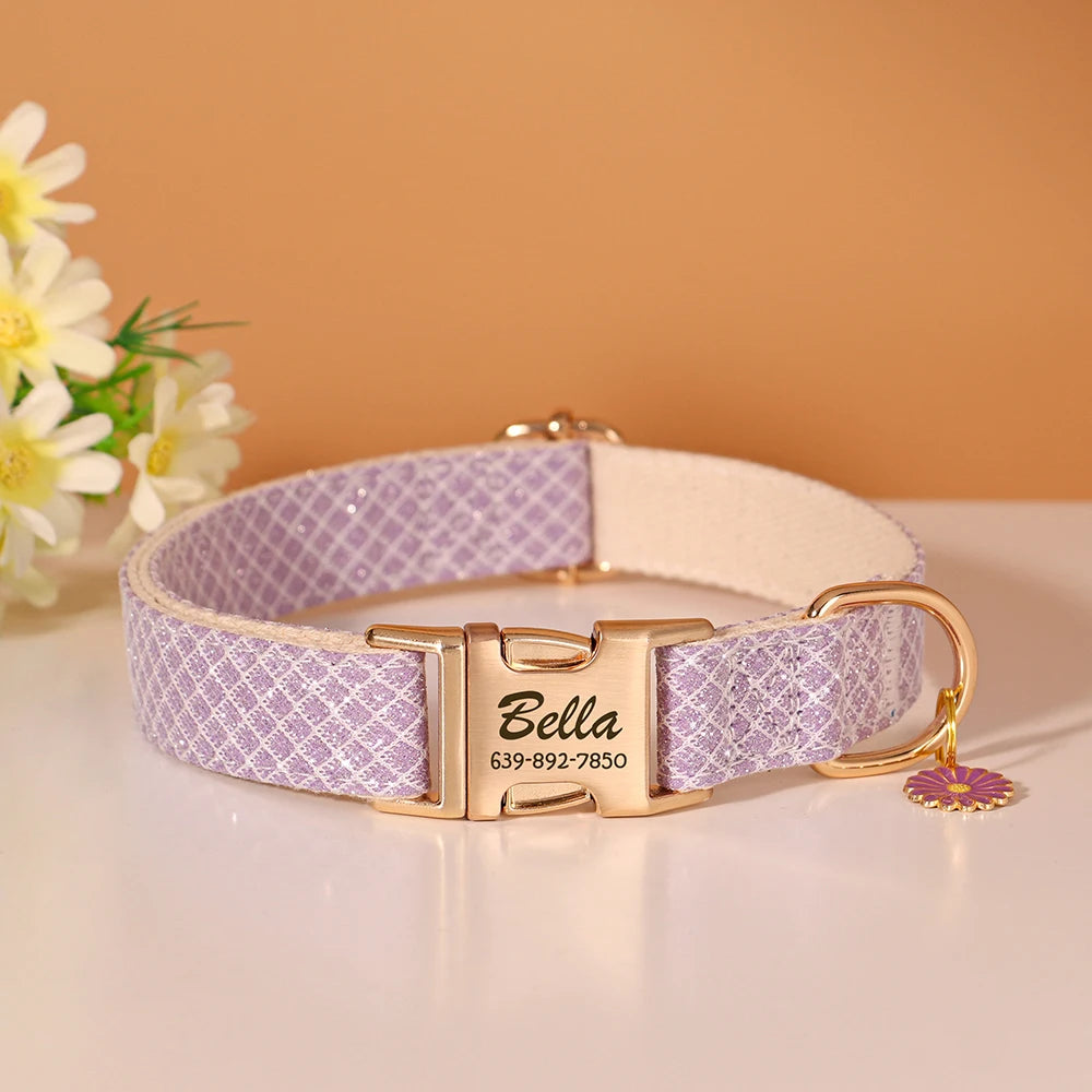 Personalized Bling Nylon Dog Collar – Free Engraved ID Tag with Flower Accessory