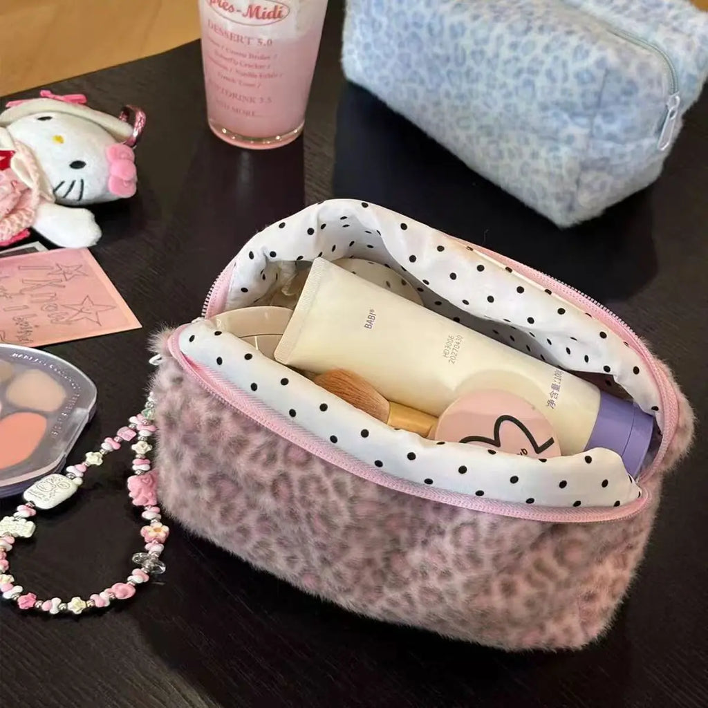 Fuzzy Leopard Print Makeup Bag – Large Capacity Travel Cosmetic Pouch