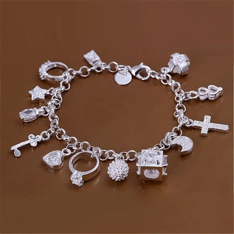 Silver Charm Bracelet with Crystal Pendants
