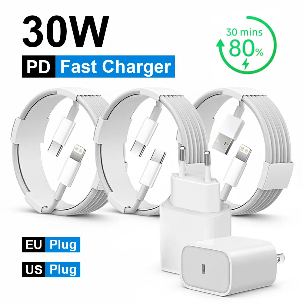30W PD Fast Charger for iPhone – USB-C to Lightning & USB-C Cable, US/EU Plug