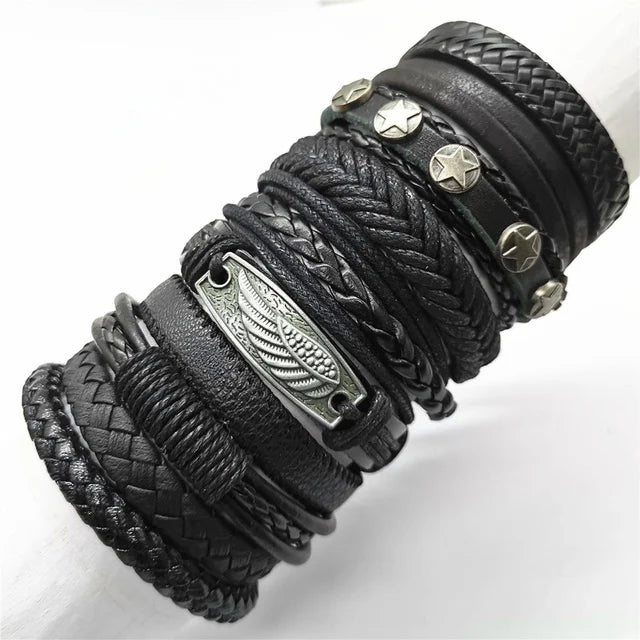 10-Piece Leather Wrap Bracelet Set — Handmade Woven