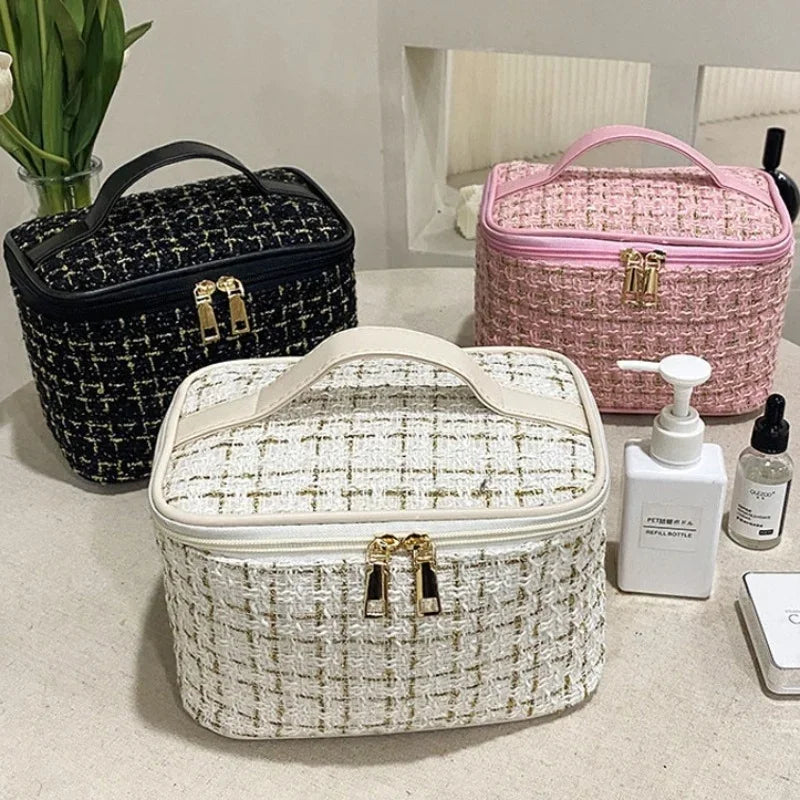 Knitted Style Makeup Bag – Large Canvas Cosmetic Storage Bag for Women