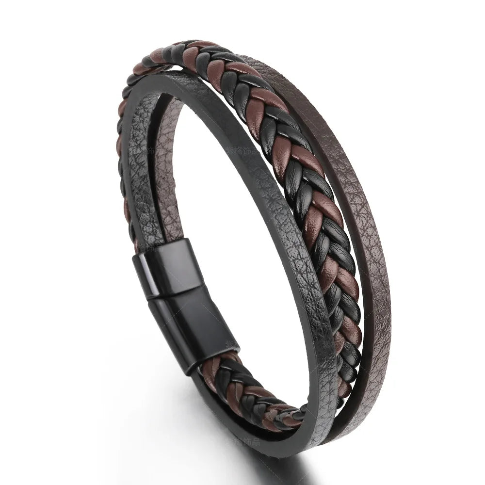 Men's Stainless Steel Leather Bracelet — Braided