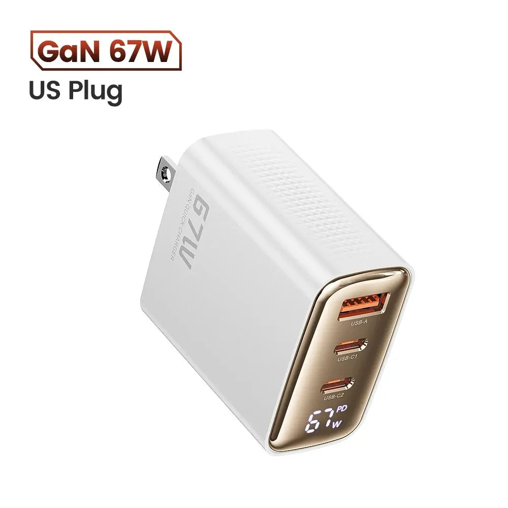 67W GaN USB-C Charger – 3 Ports, Digital Display, Fast Charge for Laptop & Phone
