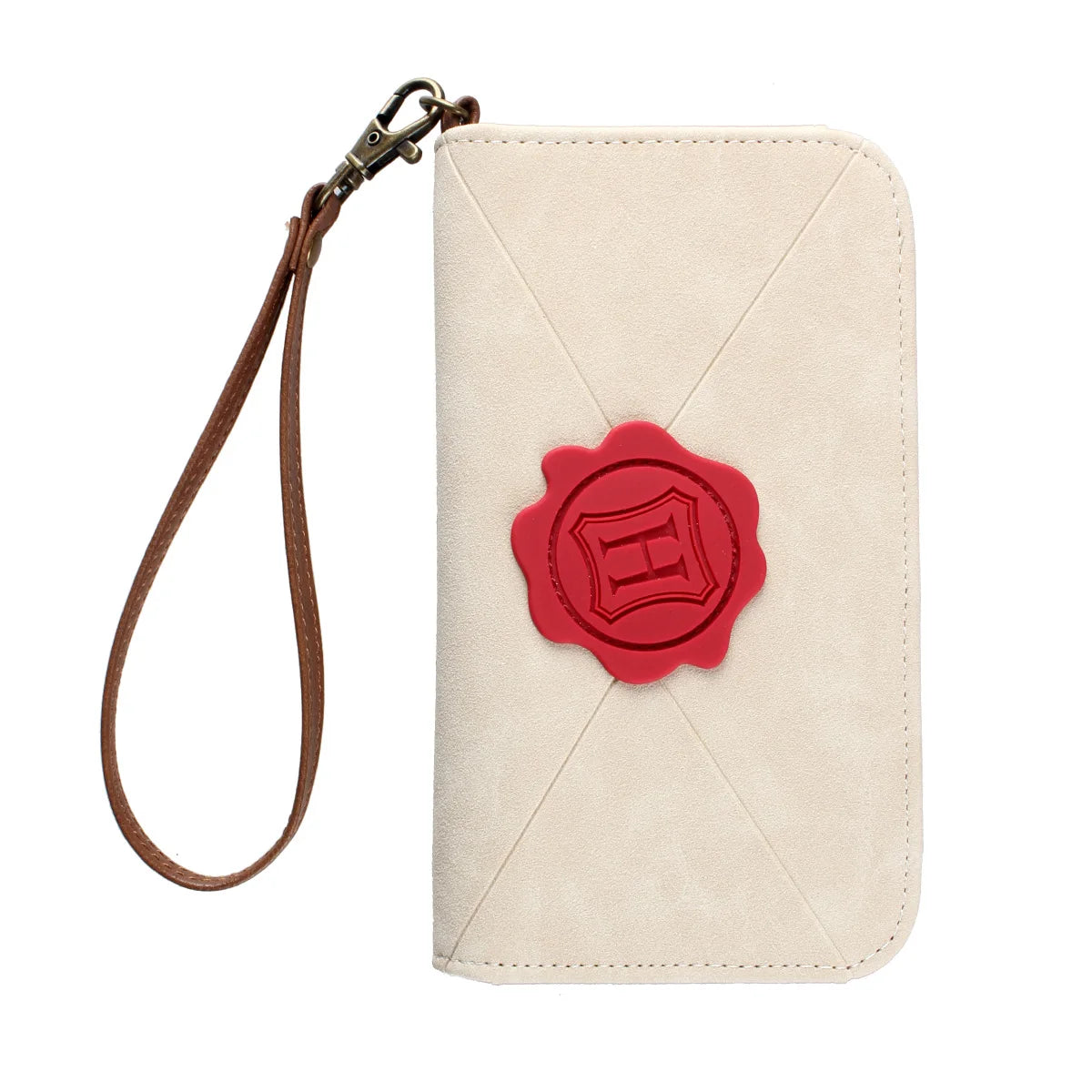 Women's Envelope Wristlet Wallet – Wax Seal Detail, PU Leather | Cream