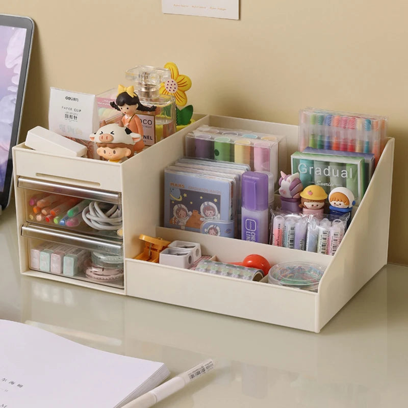 Desktop Cosmetic Organizer with Drawer – Beige Makeup Storage Box & Display Case
