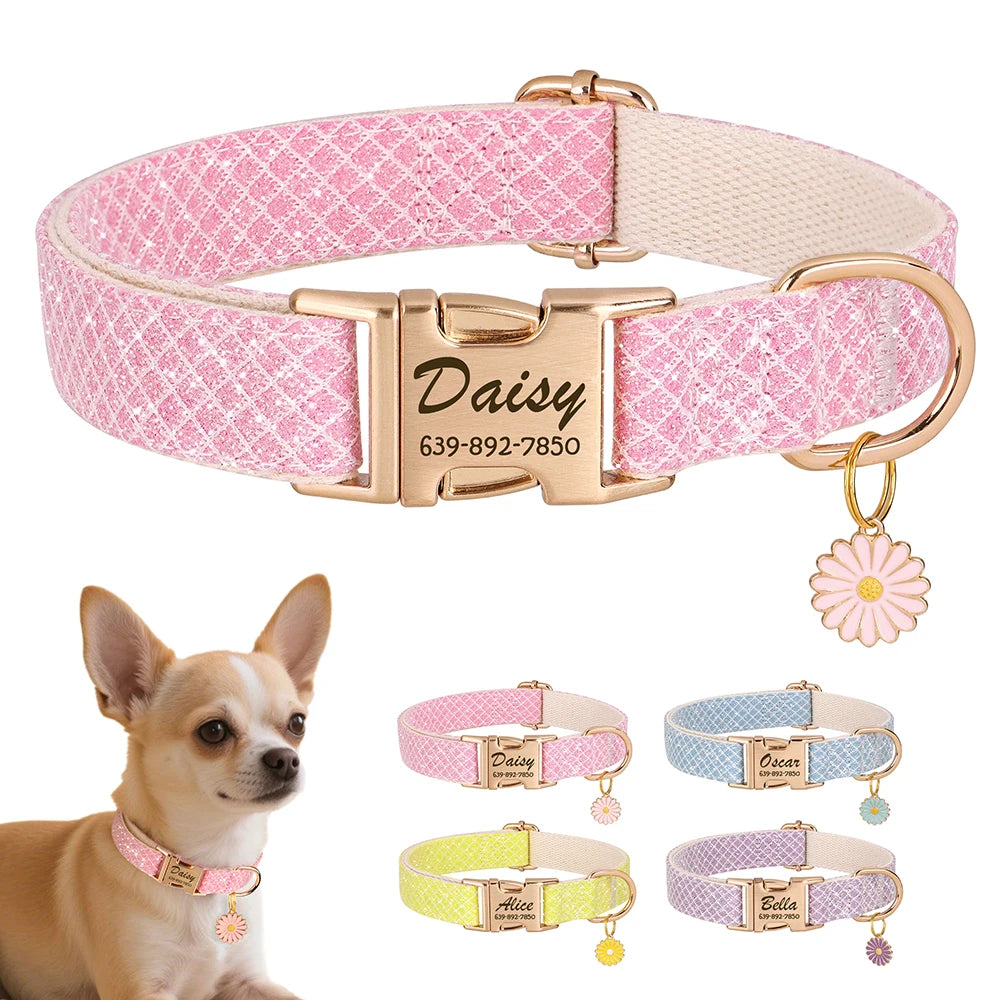 Personalized Bling Nylon Dog Collar – Free Engraved ID Tag with Flower Accessory