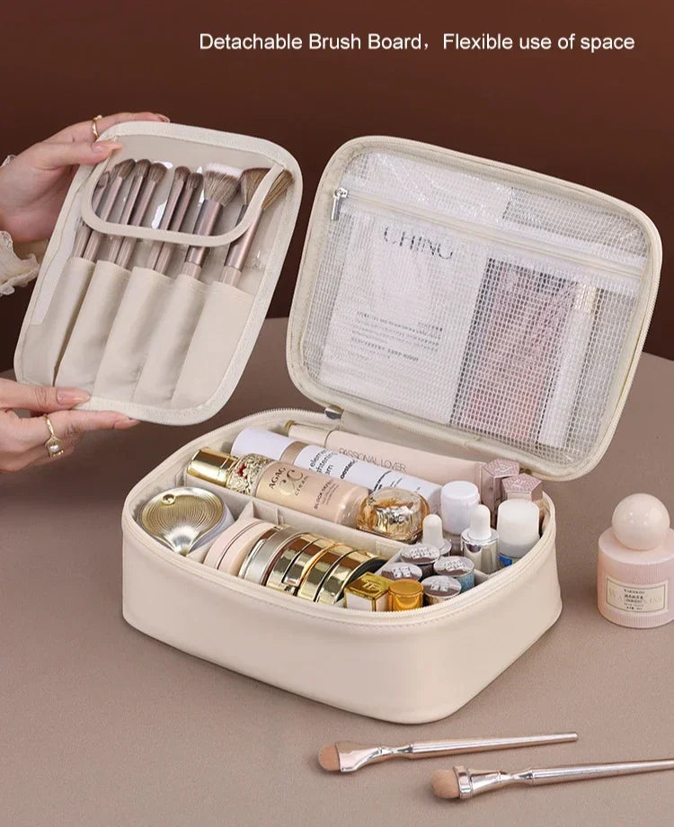 Women's Double Layer Makeup Bag – Large Capacity PU Cosmetic Organizer