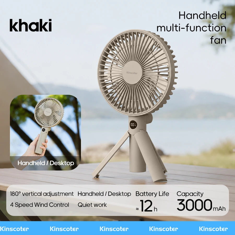 Ventilateur Portable Pliable 3-en-1 – 3000mAh, 4 Vitesses, Camping & Bureau