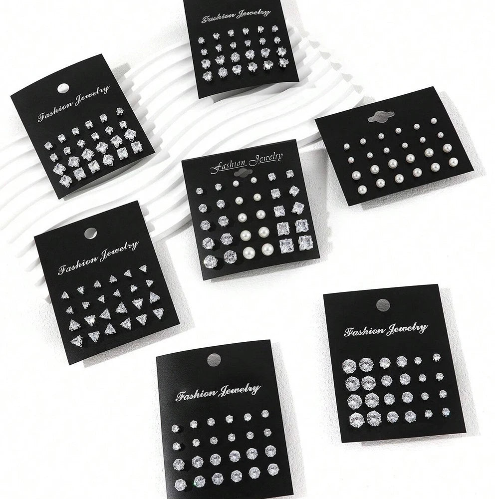 Cubic Zirconia Stud Earrings Set – 12, 24 or 36 Pairs | Shiny Silver Crystal Ear Jewelry for Women