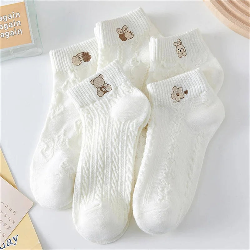 5-Pair Women's Ankle Socks – Cute Bear & Rabbit Print